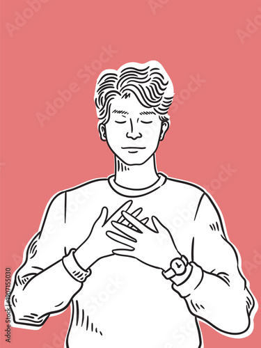 Hand-drawn sketch of a handsome man holding his chest to calm himself. Ideal for anxiety, self-care, emotional concepts postcard, mental health posters, and editorial illustrations.