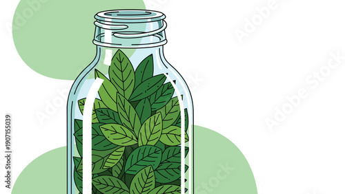 Clear glass bottle filled to the top with fresh green leaves on a light green background represents herbal medicine, natural products, and botanical extracts.