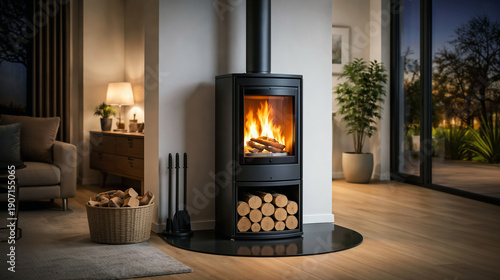 Modern luxury apartment living room with black wood-burning stove, cozy firelight and stacked logs. Warm evening ambience near large windows and minimalist decoration.