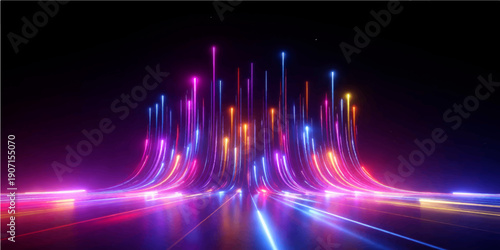 An abstract blue and purple background features glowing light waves and motion lines, creating a bright technology wallpaper with laser energy and a colorful vector pattern for a digital art backdrop