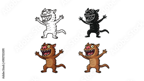 Ferocious monster with wide mouth and sharp teeth in various illustration styles