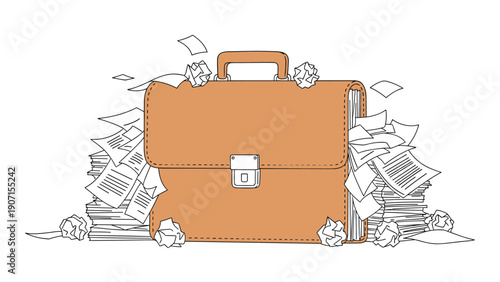Brown leather briefcase overflowing with messy papers and crumpled documents symbolizing work stress and heavy professional workload.