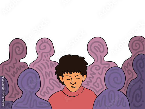 Hand-drawn illustration of anxiety in a crowd with abstract and strange doodles. Suitable for mental health visuals, emotional storytelling, editorial art, posters, and awareness campaigns.