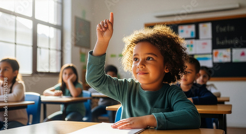 Child with curly hair raises hand in classroom, eager to participate in learning