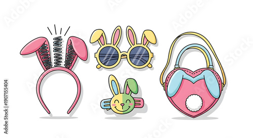 Colorful easter bunny themed accessories including headband sunglasses and purse on easter