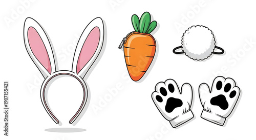 Easter bunny accessories including pink bunny ears headband, orange carrot, white pom pom tail and white paw gloves on easter
