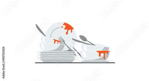 A large, messy pile of unwashed white ceramic plates, bowls, and various silver cutlery is covered in bright orange sauce.