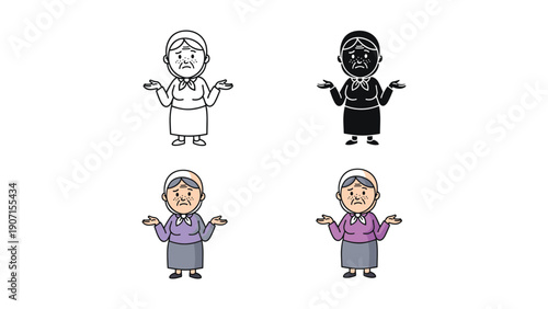 Worried Elderly Woman with Wrinkles and Shrugging Gesture in Multiple Styles