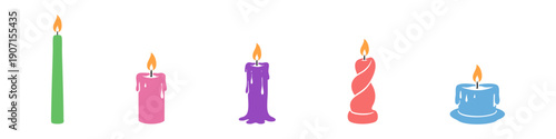 Set of colorful vector candles in various shapes and sizes, including pillar, twisted, and melting styles, isolated on a white background.