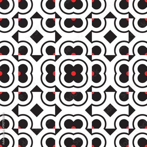 Modern Geometric Black and Red Flowers Repeating Pattern Wallpaper Design