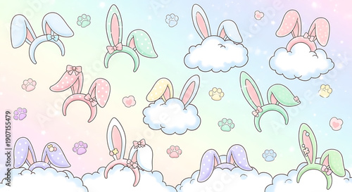 Whimsical pastel bunny ears peeking out from behind fluffy clouds on a soft rainbow colored background with flowers and butterflies floating around easter