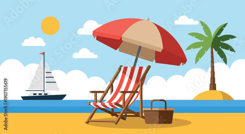 Summer tropical beach landscape with red and white striped chair umbrella and sailboat on the ocean vector illustration art.