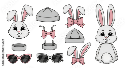 A set of cute cartoon bunny accessories and clothing items including hats, bows, sunglasses, and bunny heads, easter