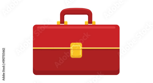 A vibrant, closed, and sleek red briefcase stands alone, featuring distinct golden latches and a sturdy top handle.