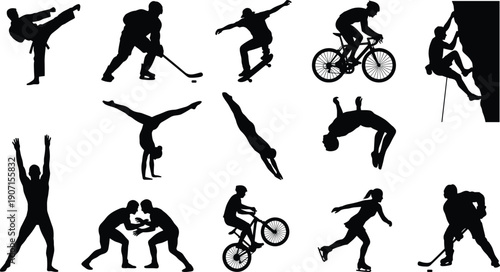 Collection of professional sports silhouettes including cycling, hockey, rock climbing, martial arts, gymnastics, skating, and wrestling on a white background
