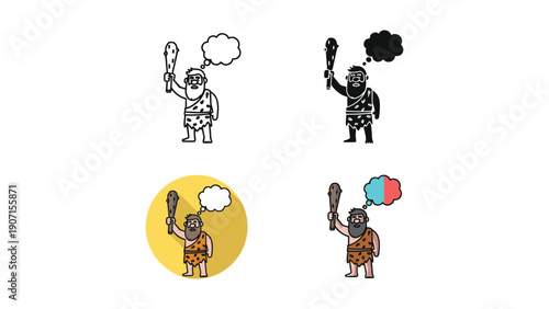 Caveman holding club and thought bubble, in diverse vector styles for primitive concepts.