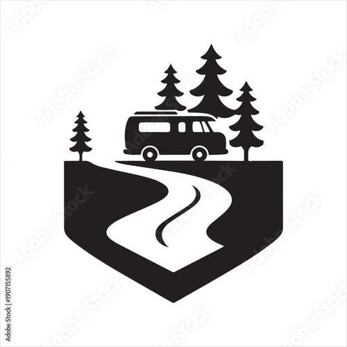 Camper van hidden road abstract silhouette line art logo design concept illustration