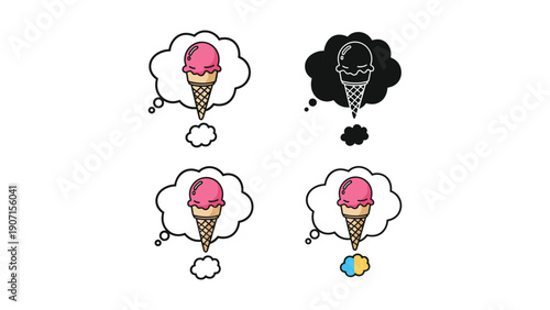 Cute ice cream thoughts vector illustration, simple icons for sweet dreams and summer cravings