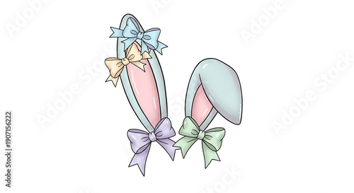 A pair of pastel colored bunny ears with bows on a easter