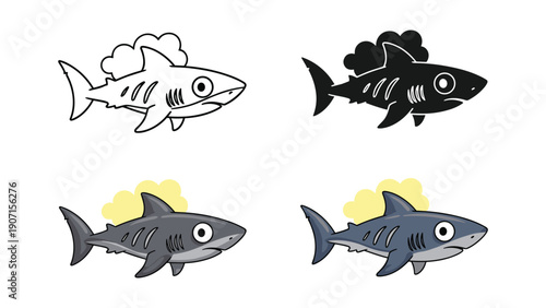Fearsome Cartoon Shark with Gills and Yellow Thought Bubbles in Different Styles