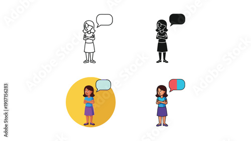Girl Thinking with Folded Arms and Speech Bubble Icons