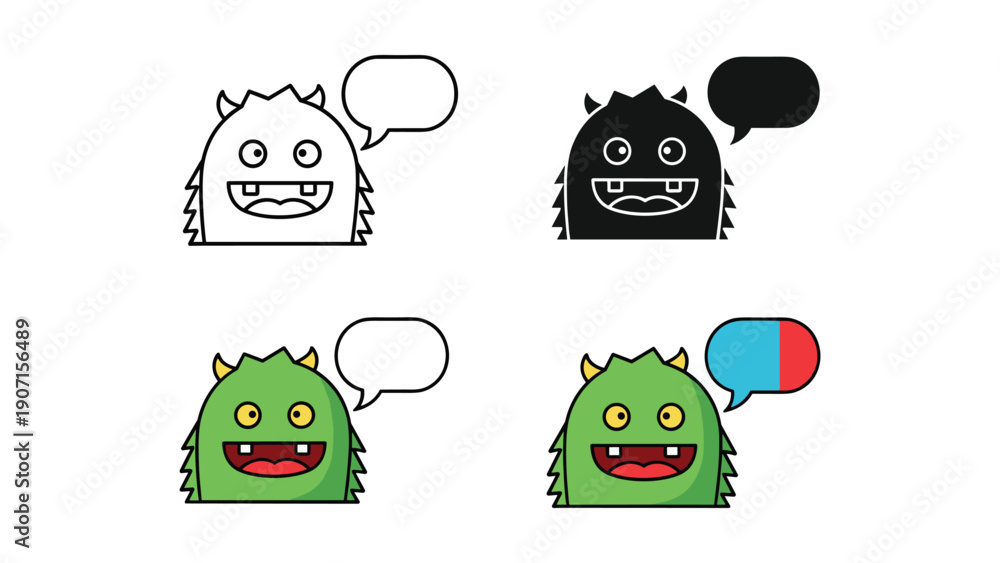 Obraz premium Green Monster Character Icons with Speech Bubbles