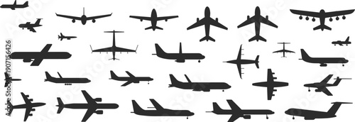 Large collection of black airplane silhouettes featuring different aircraft models and perspectives, ideal for aviation icons, travel graphics, and transportation design