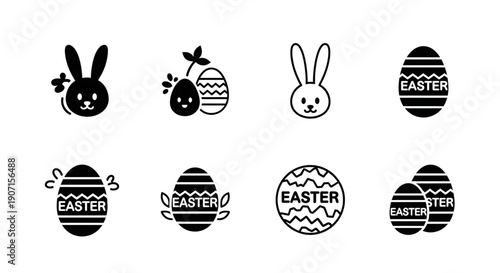 Black and white easter icons including bunnies and eggs with stripes and text on a pure easter