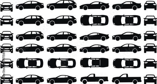 Collection of black car silhouettes showing multiple vehicle types from different angles, perfect for transport icons, automotive design, and infographics
