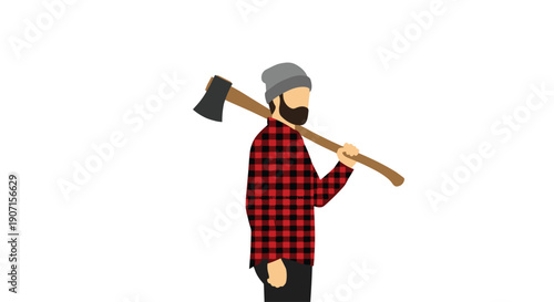A minimalist bearded man wearing a red plaid shirt and a grey beanie holds an axe over his shoulder, walking in profile.