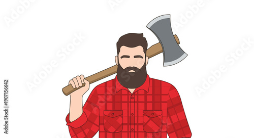 A bearded man with a full beard wears a red plaid shirt and holds a large double-bladed axe over his shoulder, looking straight ahead.