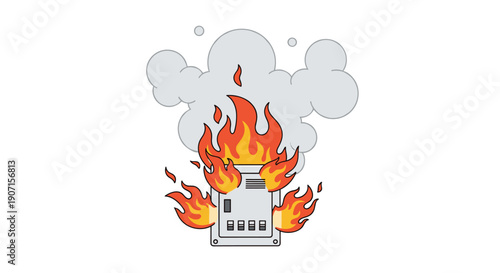 A gray electrical fuse box or circuit breaker is actively smoking and engulfed in bright flames on a clean white background.