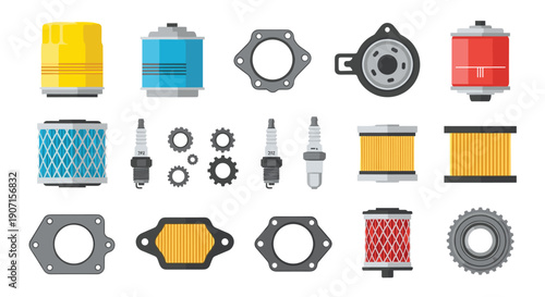 A large assortment of flat-designed automotive car parts, including various filters, gaskets, spark plugs, and gears, is arranged in rows.