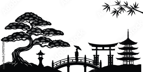 Japanese Zen Landscape Silhouette with Pagoda Torii Gate Bridge Pine Tree Bamboo Traditional Oriental Nature Illustration Art Design Vector