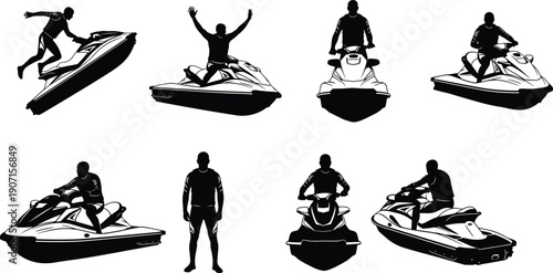 Jet ski rider silhouettes set, personal watercraft action poses collection, black isolated summer watersport and marine recreation icons