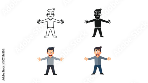 Man in Fear or Shock, Arms Outstretched, Icon Set in Four Styles