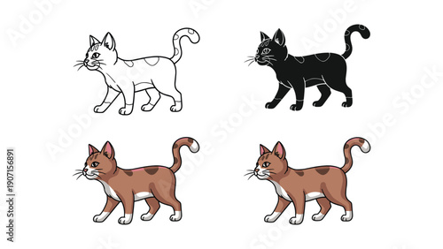 Walking Cat Icons in Multiple Styles: Outline, Silhouette, and Color