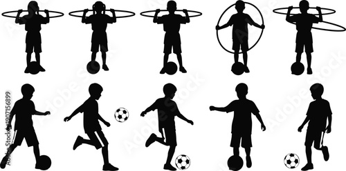 Silhouette illustration of children playing soccer and exercising with hula hoops, showcasing physical activity, sports, and fitness lifestyle