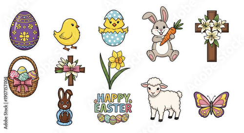 Easter icons and symbols including eggs, bunnies, crosses, and flowers on easter