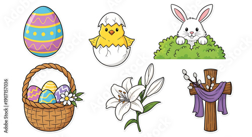 Easter icons including egg, chick, bunny, basket, lily, and cross on easter