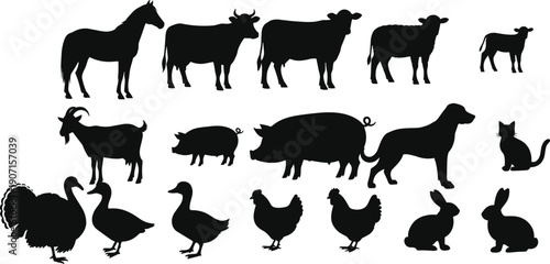 Silhouette Illustrations of Farm Animals Including Horse, Cow, Pig, Goat, Dog, Cat, Rabbit, Poultry, and Agricultural Wildlife