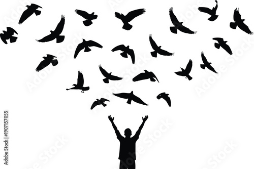 Silhouette of person raising arms with flying birds symbolizing freedom, release, hope, spirituality, and emotional connection to nature