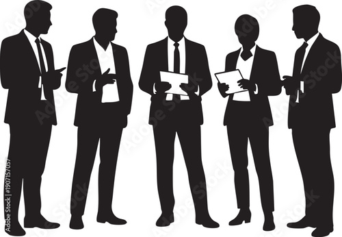Five black silhouettes of business people in suits