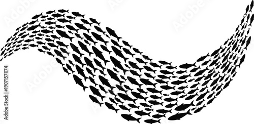 Silhouette of school of fish forming wave pattern symbolizing unity, collective movement, marine life, ocean nature, and environmental harmony