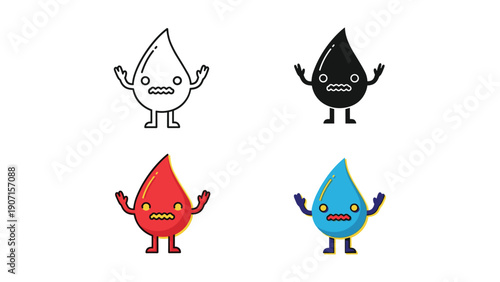 Scared Droplet Character Icons in Various Colors and Styles