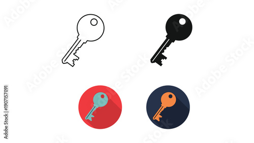 Modern key icons in circle backgrounds: outline, silhouette, and color, representing access, solutions, and security.