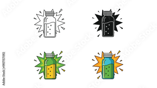 Bottle with liquid and starburst graphic: outline, silhouette, and color, symbolizing energy, solutions, or potent concoctions.
