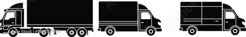 Silhouette of Semi-Trailer Truck, Box Truck, and Delivery Van, Commercial Vehicle Illustration for Logistics, Freight Transport, and Urban Delivery