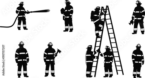 Silhouettes of firefighters in action with hose, ladder, and equipment representing emergency response, teamwork, safety, and rescue operations