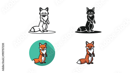 Cute Fox Standing Icon Set in Different Styles